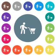 Shopping person with cart flat white icons on round color backgrounds. 17 background color variations are included. - Shopping person with cart flat white icons on round color backgrounds