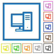 Desktop computer outline flat color icons in square frames on white background