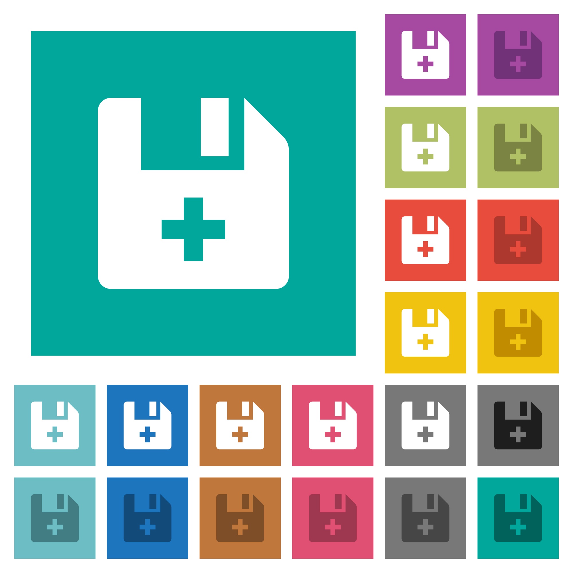 Add new file multi colored flat icons on plain square backgrounds. Included white and darker icon variations for hover or active effects. - Free image