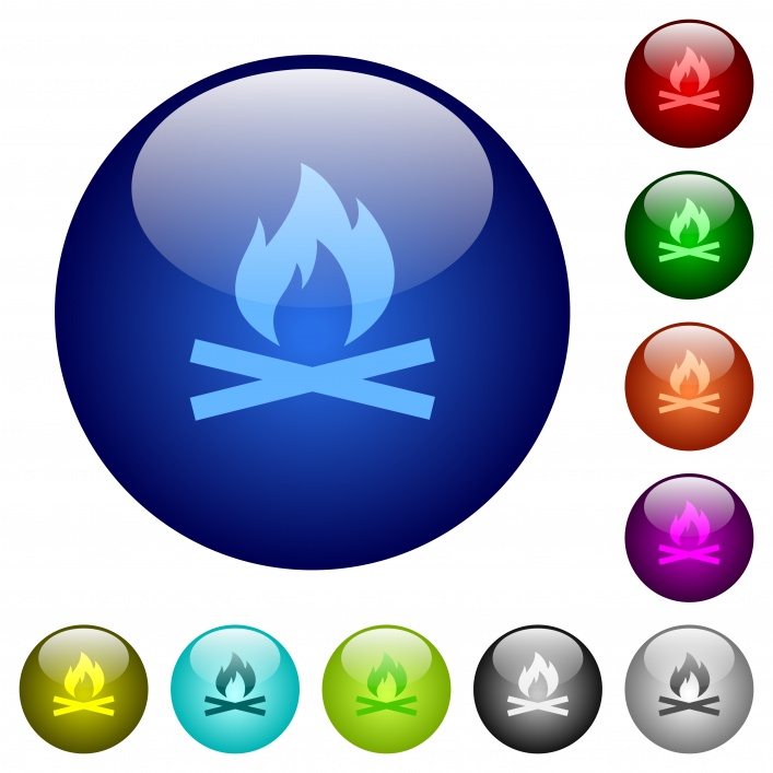 Camp fire icons on round color glass buttons - Free image