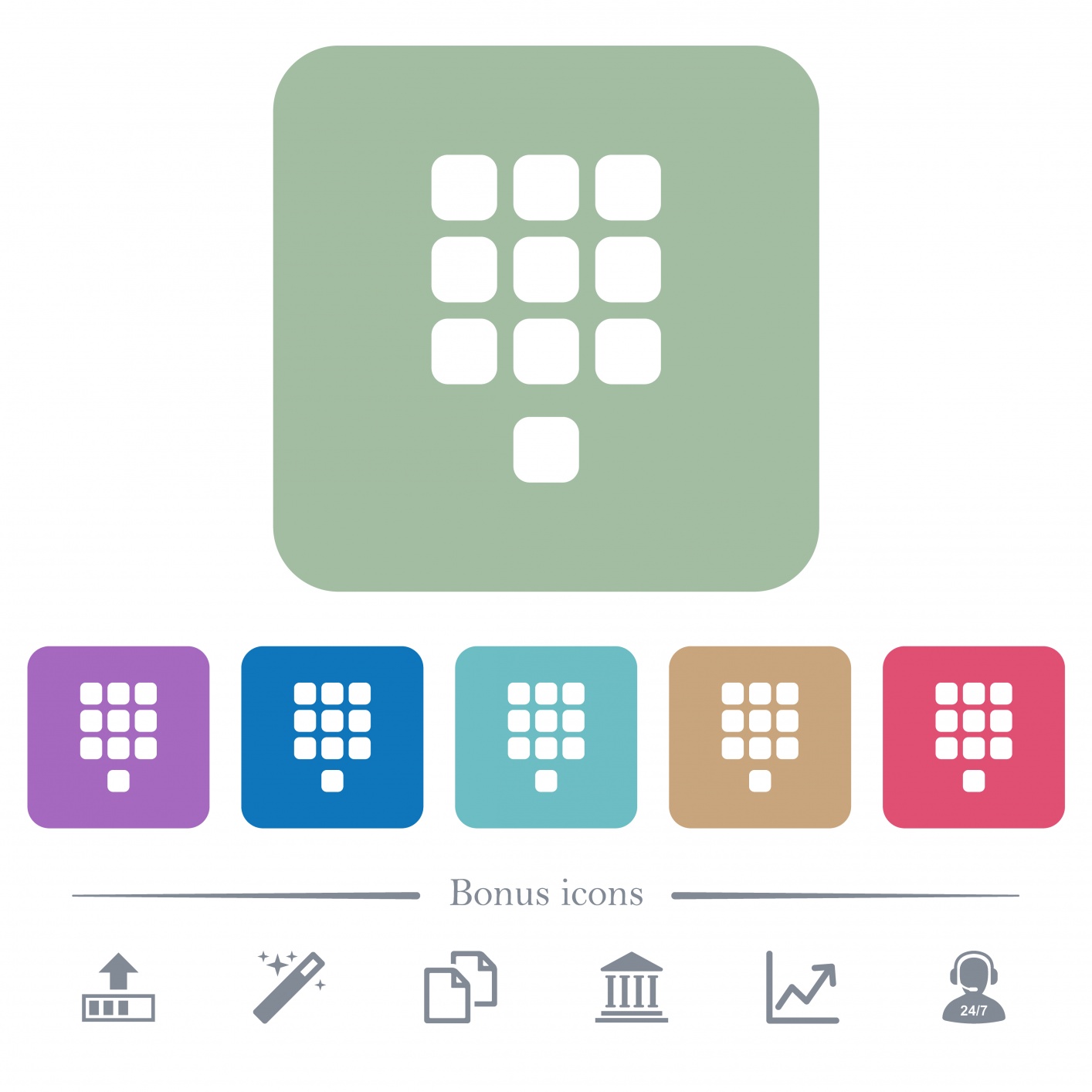 Dial pad white flat icons on color rounded square backgrounds. 6 bonus icons included - Free image