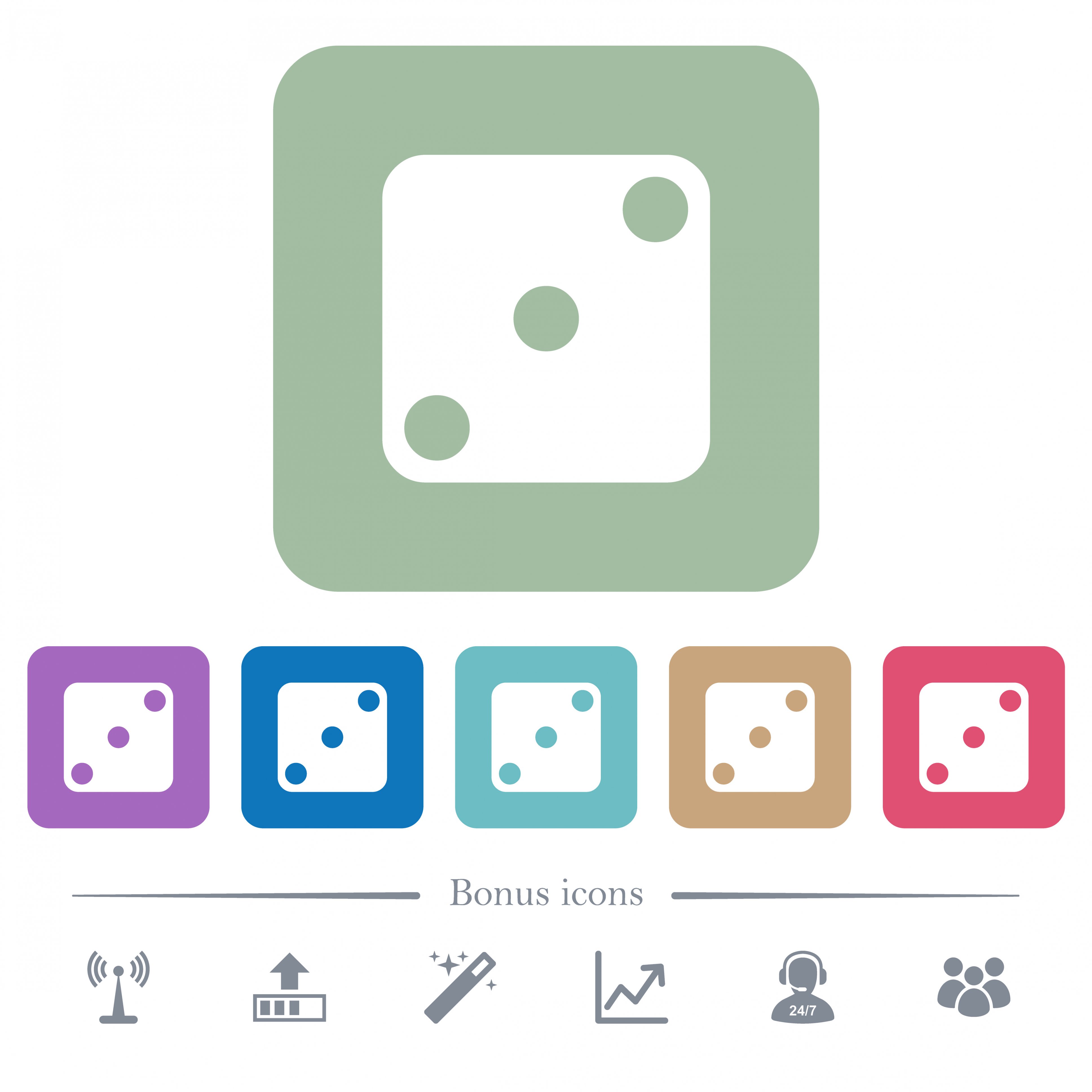 Domino three white flat icons on color rounded square backgrounds. 6 bonus icons included - Free image