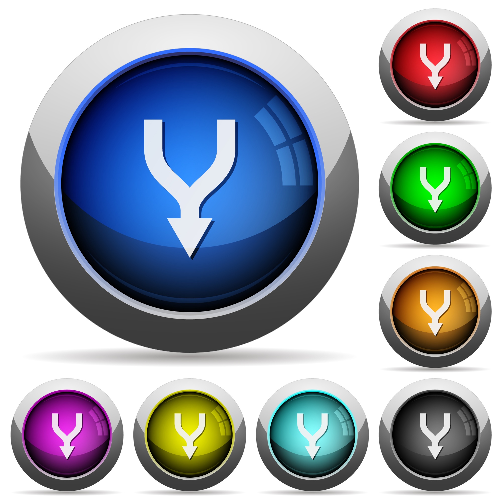 Merge arrows down icons in round glossy buttons with steel frames - Free image