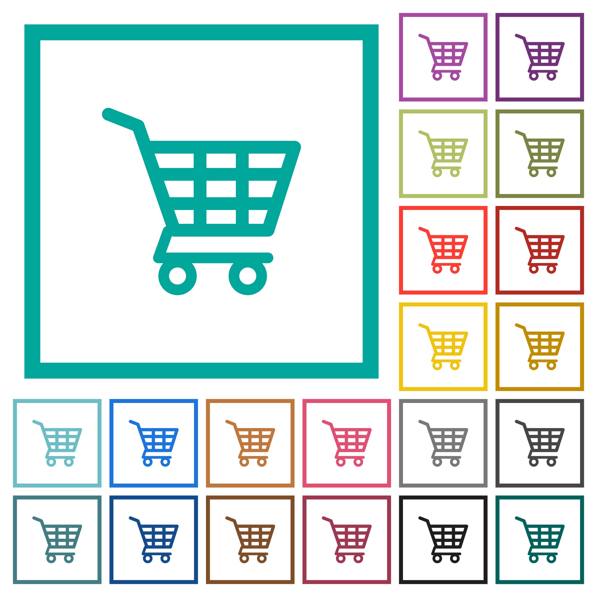 Shopping cart flat color icons with quadrant frames on white background - Free image