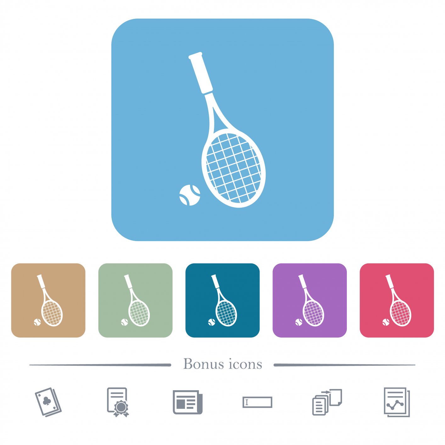 Tennis racket with ball white flat icons on color rounded square backgrounds. 6 bonus icons included - Free image