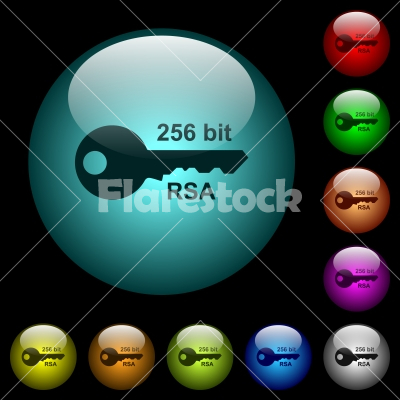 256 bit rsa encryption icons in color illuminated glass buttons - 256 bit rsa encryption icons in color illuminated spherical glass buttons on black background. Can be used to black or dark templates