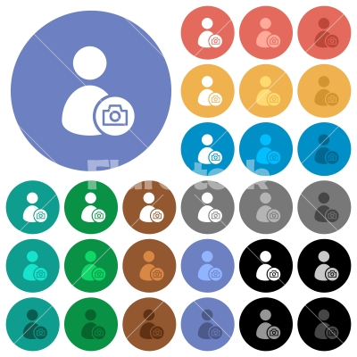 Account profile photo round flat multi colored icons - Account profile photo multi colored flat icons on round backgrounds. Included white, light and dark icon variations for hover and active status effects, and bonus shades on black backgounds.