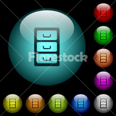 Archive file cabinet icons in color illuminated glass buttons - Archive file cabinet icons in color illuminated spherical glass buttons on black background. Can be used to black or dark templates