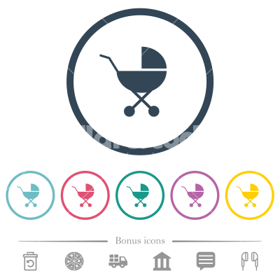 Baby carriage solid flat color icons in round outlines - Baby carriage solid flat color icons in round outlines. 6 bonus icons included.