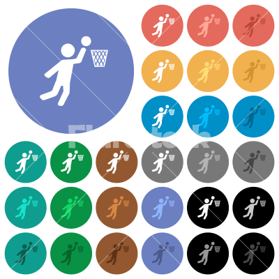 Basketball player round flat multi colored icons - Basketball player multi colored flat icons on round backgrounds. Included white, light and dark icon variations for hover and active status effects, and bonus shades.