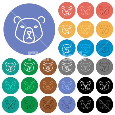 Bear head outline round flat multi colored icons - Bear head outline multi colored flat icons on round backgrounds. Included white, light and dark icon variations for hover and active status effects, and bonus shades.