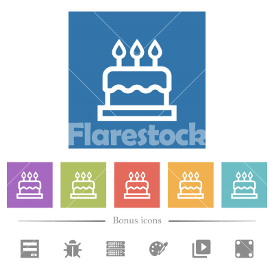 Birthday cake flat white icons in square backgrounds - Birthday cake flat white icons in square backgrounds. 6 bonus icons included.