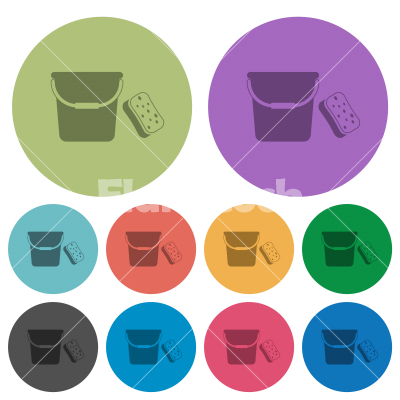 Bucket and sponge color darker flat icons - Bucket and sponge darker flat icons on color round background