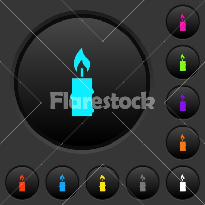 Burning candle with melting wax dark push buttons with color icons - Burning candle with melting wax dark push buttons with vivid color icons on dark grey background