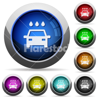 Car wash round glossy buttons - Car wash icons in round glossy buttons with steel frames