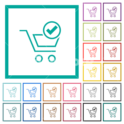 Cart checkout outline flat color icons with quadrant frames - Cart checkout outline flat color icons with quadrant frames on white background