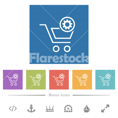 Cart settings outline flat white icons in square backgrounds - Cart settings outline flat white icons in square backgrounds. 6 bonus icons included.