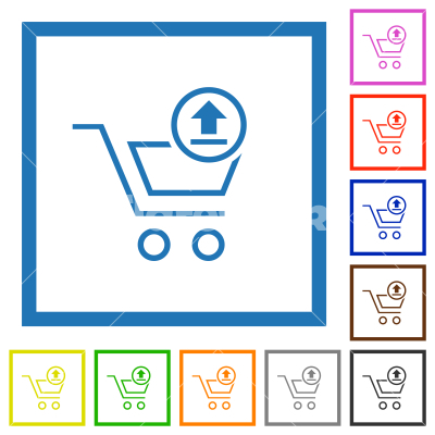 Cart upload outline flat framed icons - Cart upload outline flat color icons in square frames on white background