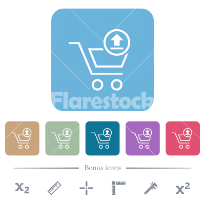 Cart upload outline flat icons on color rounded square backgrounds - Cart upload outline white flat icons on color rounded square backgrounds. 6 bonus icons included