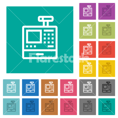 Cash register outline square flat multi colored icons - Cash register outline multi colored flat icons on plain square backgrounds. Included white and darker icon variations for hover or active effects.