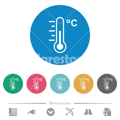 Celsius thermometer medium temperature flat round icons - Celsius thermometer medium temperature flat white icons on round color backgrounds. 6 bonus icons included.