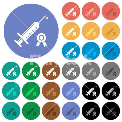 Certified vaccine round flat multi colored icons - Certified vaccine multi colored flat icons on round backgrounds. Included white, light and dark icon variations for hover and active status effects, and bonus shades.