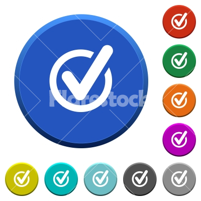 Checked data beveled buttons - Checked data round color beveled buttons with smooth surfaces and flat white icons