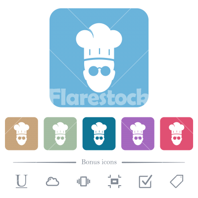 Chef with glasses flat icons on color rounded square backgrounds - Chef with glasses white flat icons on color rounded square backgrounds. 6 bonus icons included