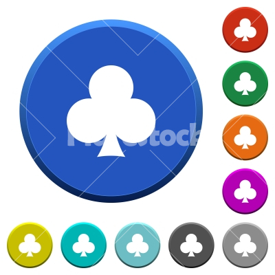 Club card symbol beveled buttons - Club card symbol round color beveled buttons with smooth surfaces and flat white icons