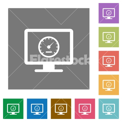 Computer benchmark square flat icons - Computer benchmark flat icons on simple color square backgrounds