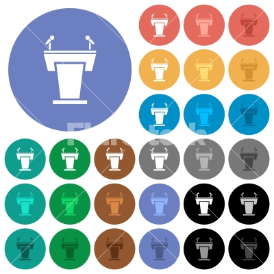 Conference podium with microphones round flat multi colored icons - Conference podium with microphones multi colored flat icons on round backgrounds. Included white, light and dark icon variations for hover and active status effects, and bonus shades.