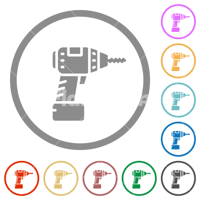 Cordless drill flat icons with outlines - Cordless drill flat color icons in round outlines on white background