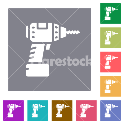 Cordless drill square flat icons - Cordless drill flat icons on simple color square backgrounds