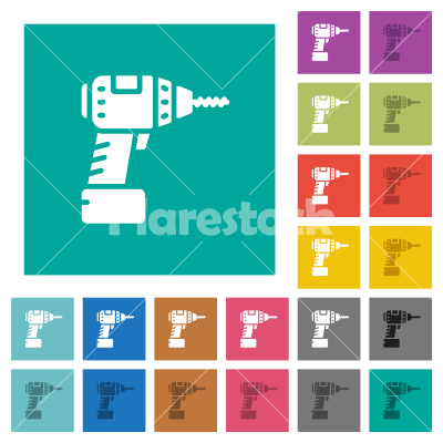 Cordless drill square flat multi colored icons - Cordless drill multi colored flat icons on plain square backgrounds. Included white and darker icon variations for hover or active effects.