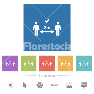 Correct social distancing flat white icons in square backgrounds - Correct social distancing flat white icons in square backgrounds. 6 bonus icons included.