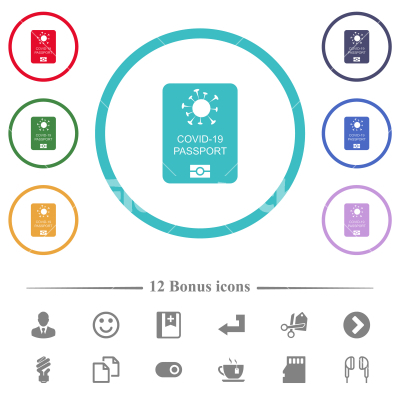 Covid-19 passport flat color icons in circle shape outlines - Covid-19 passport flat color icons in circle shape outlines. 12 bonus icons included.