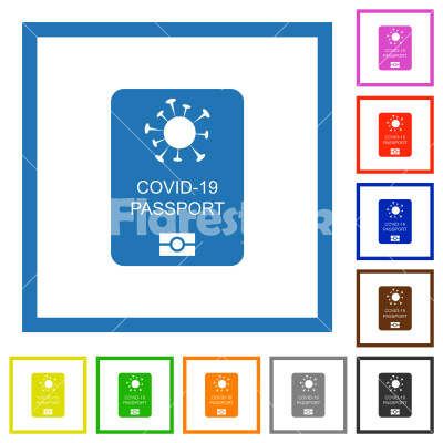 Covid-19 passport flat framed icons - Covid-19 passport flat color icons in square frames on white background