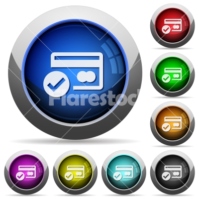 Credit card verified button set - Set of round glossy Credit card verified buttons. Arranged layer structure.