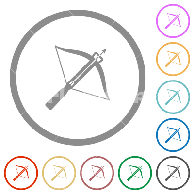 Crossbow with arrow flat icons with outlines - Crossbow with arrow flat color icons in round outlines on white background