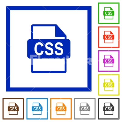 CSS file format framed flat icons - Set of color square framed CSS file format flat icons