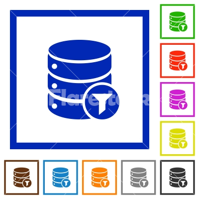 Database filter flat framed icons - Database filter flat color icons in square frames on white background