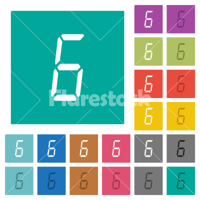 digital number six of seven segment type square flat multi colored icons - digital number six of seven segment type multi colored flat icons on plain square backgrounds. Included white and darker icon variations for hover or active effects.