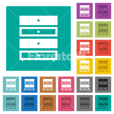 Drawer cabinet square flat multi colored icons - Drawer cabinet multi colored flat icons on plain square backgrounds. Included white and darker icon variations for hover or active effects.