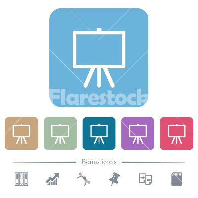 Easel with blank canvas flat icons on color rounded square backgrounds - Easel with blank canvas white flat icons on color rounded square backgrounds. 6 bonus icons included