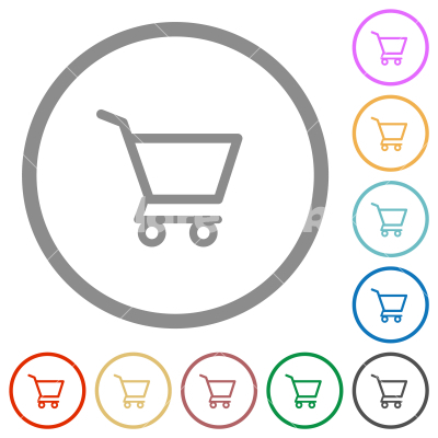 Empty shopping cart flat icons with outlines - Empty shopping cart flat color icons in round outlines on white background