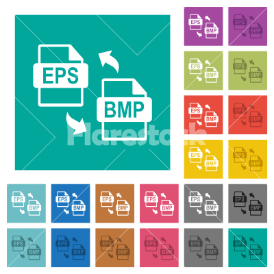 EPS BMP file conversion square flat multi colored icons - EPS BMP file conversion multi colored flat icons on plain square backgrounds. Included white and darker icon variations for hover or active effects.