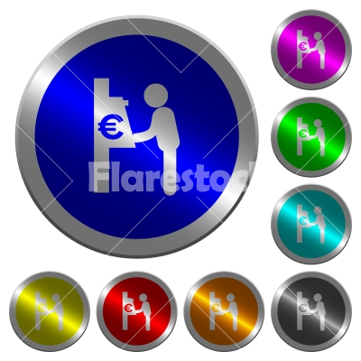 Euro cash machine luminous coin-like round color buttons - Euro cash machine icons on round luminous coin-like color steel buttons