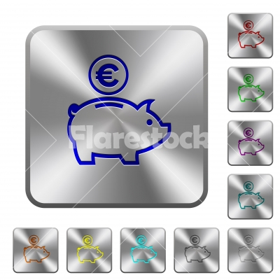 Euro piggy bank rounded square steel buttons - Euro piggy bank engraved icons on rounded square glossy steel buttons