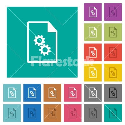 Executable file square flat multi colored icons - Executable file multi colored flat icons on plain square backgrounds. Included white and darker icon variations for hover or active effects.