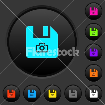 File snapshot dark push buttons with color icons - File snapshot dark push buttons with vivid color icons on dark grey background